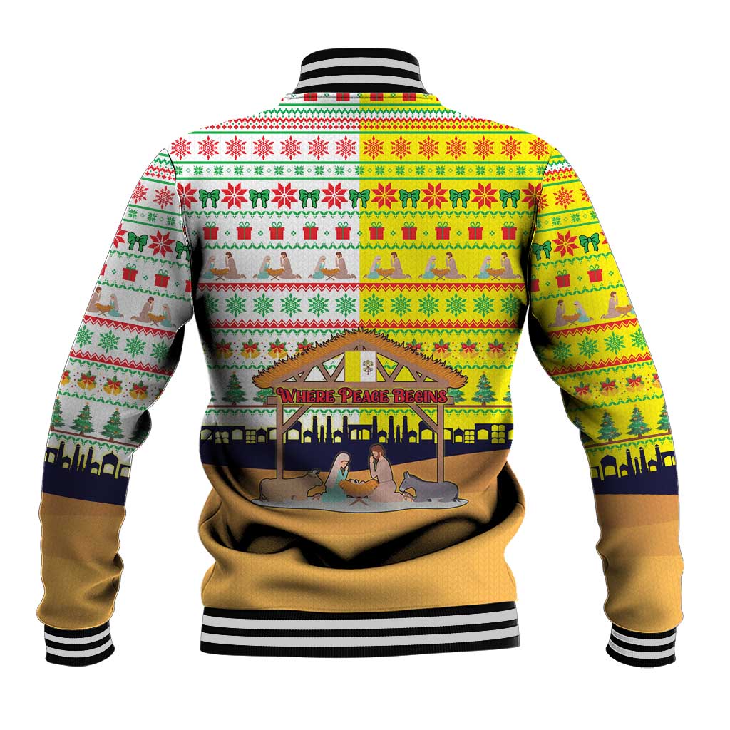 Vatican Christmas Baseball Jacket with Bethlehem Silhouette Yellow Red Green Pattern and Baby Jesus Manger - Wonder Print Shop