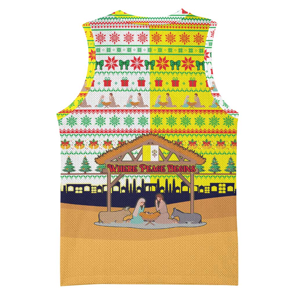 Vatican Christmas Basketball Jersey with Bethlehem Silhouette Yellow Red Green Pattern and Baby Jesus Manger - Wonder Print Shop