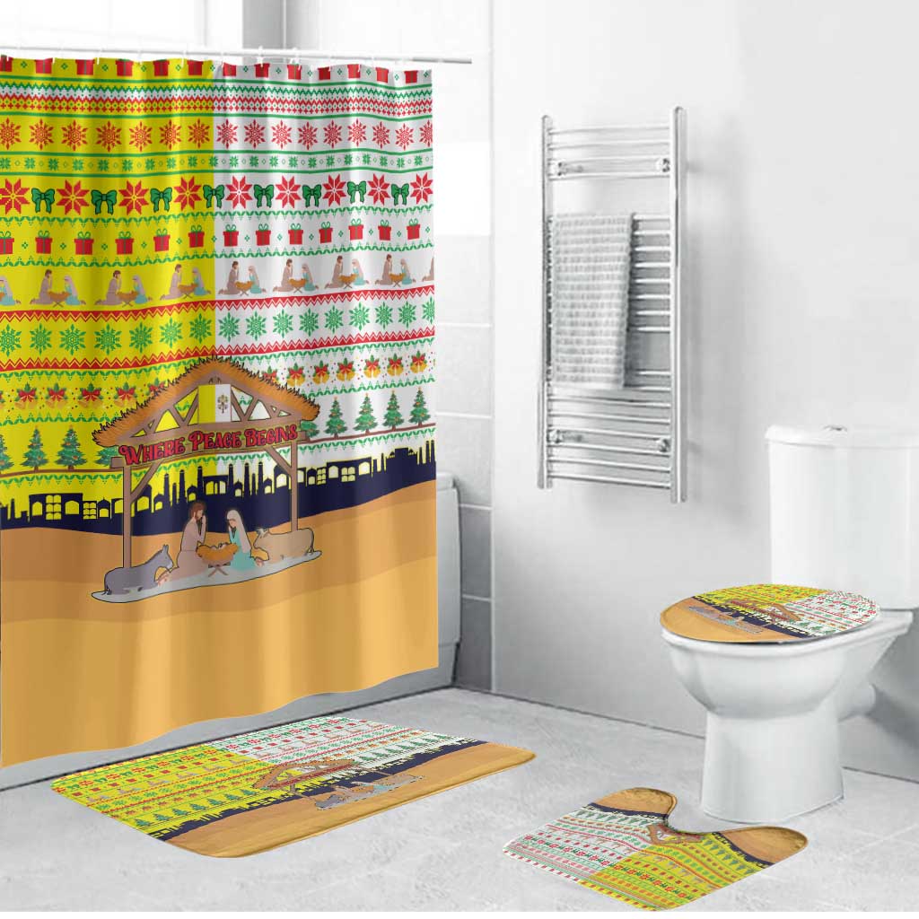Vatican Christmas Bathroom Set with Bethlehem Silhouette Yellow Red Green Pattern and Baby Jesus Manger - Wonder Print Shop