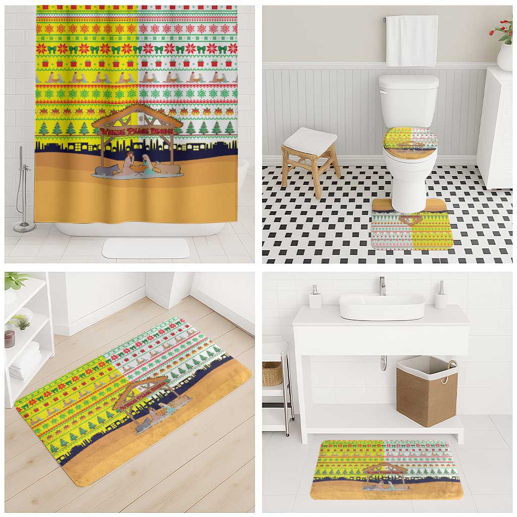 Vatican Christmas Bathroom Set with Bethlehem Silhouette Yellow Red Green Pattern and Baby Jesus Manger - Wonder Print Shop