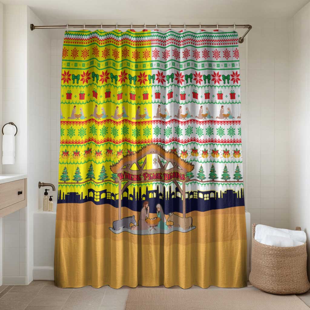 Vatican Christmas Bathroom Set with Bethlehem Silhouette Yellow Red Green Pattern and Baby Jesus Manger - Wonder Print Shop