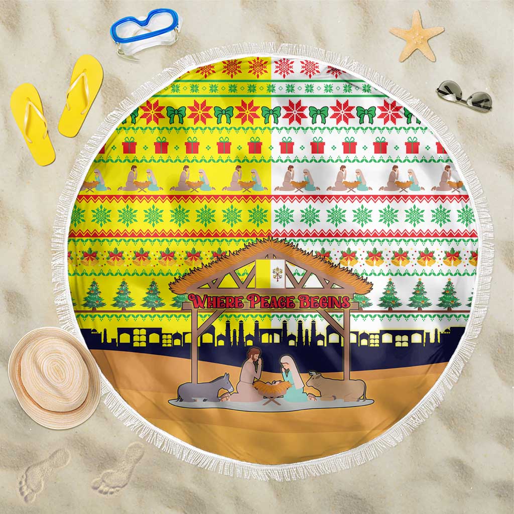 Vatican Christmas Beach Blanket with Bethlehem Silhouette Yellow Red Green Pattern and Baby Jesus Manger - Wonder Print Shop