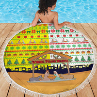 Vatican Christmas Beach Blanket with Bethlehem Silhouette Yellow Red Green Pattern and Baby Jesus Manger - Wonder Print Shop