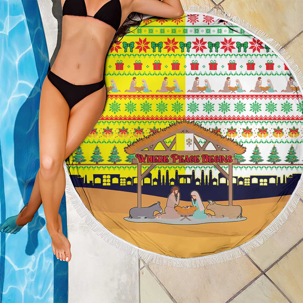 Vatican Christmas Beach Blanket with Bethlehem Silhouette Yellow Red Green Pattern and Baby Jesus Manger - Wonder Print Shop