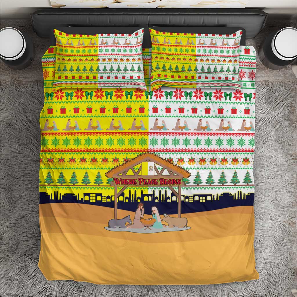 Vatican Christmas Bedding Set with Bethlehem Silhouette Yellow Red Green Pattern and Baby Jesus Manger - Wonder Print Shop