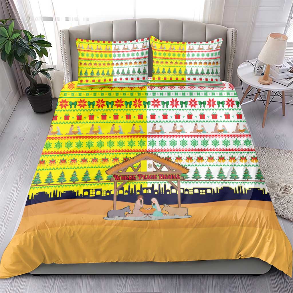 Vatican Christmas Bedding Set with Bethlehem Silhouette Yellow Red Green Pattern and Baby Jesus Manger - Wonder Print Shop