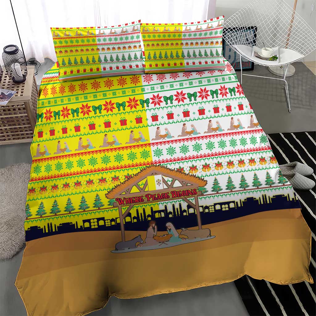 Vatican Christmas Bedding Set with Bethlehem Silhouette Yellow Red Green Pattern and Baby Jesus Manger - Wonder Print Shop