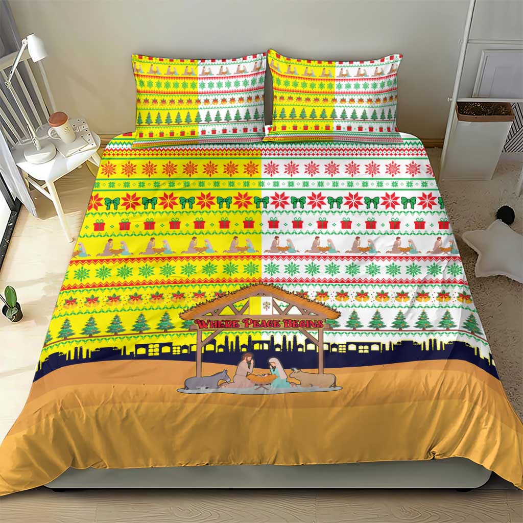 Vatican Christmas Bedding Set with Bethlehem Silhouette Yellow Red Green Pattern and Baby Jesus Manger - Wonder Print Shop