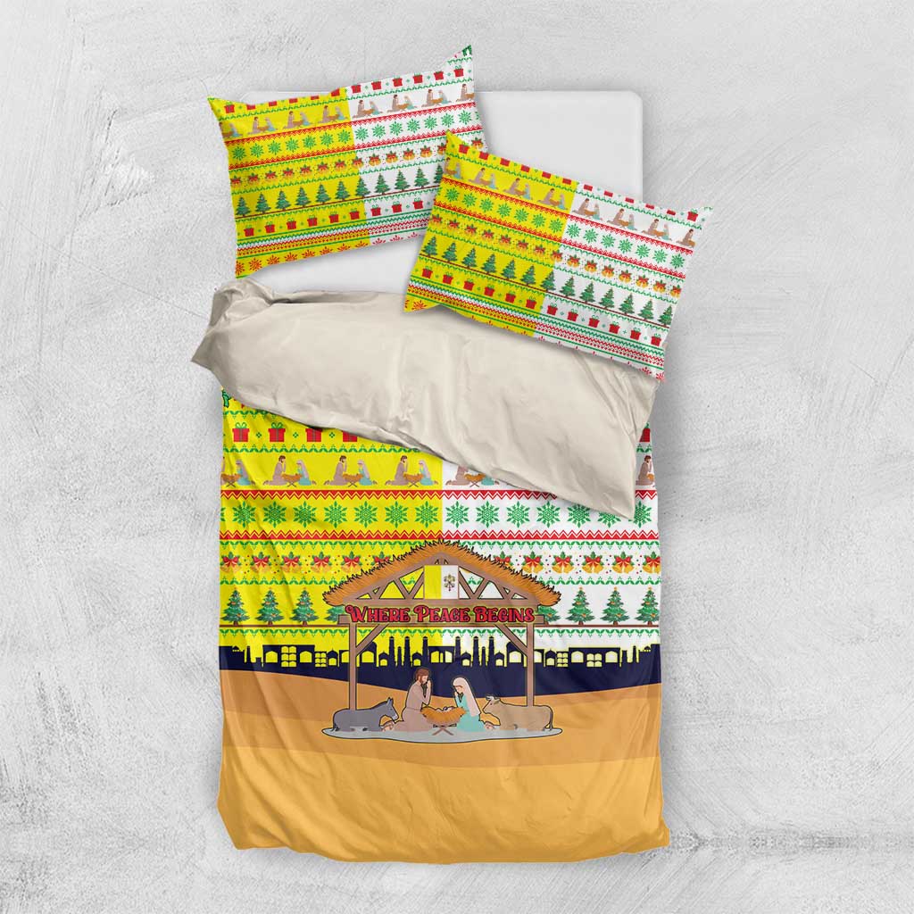 Vatican Christmas Bedding Set with Bethlehem Silhouette Yellow Red Green Pattern and Baby Jesus Manger - Wonder Print Shop