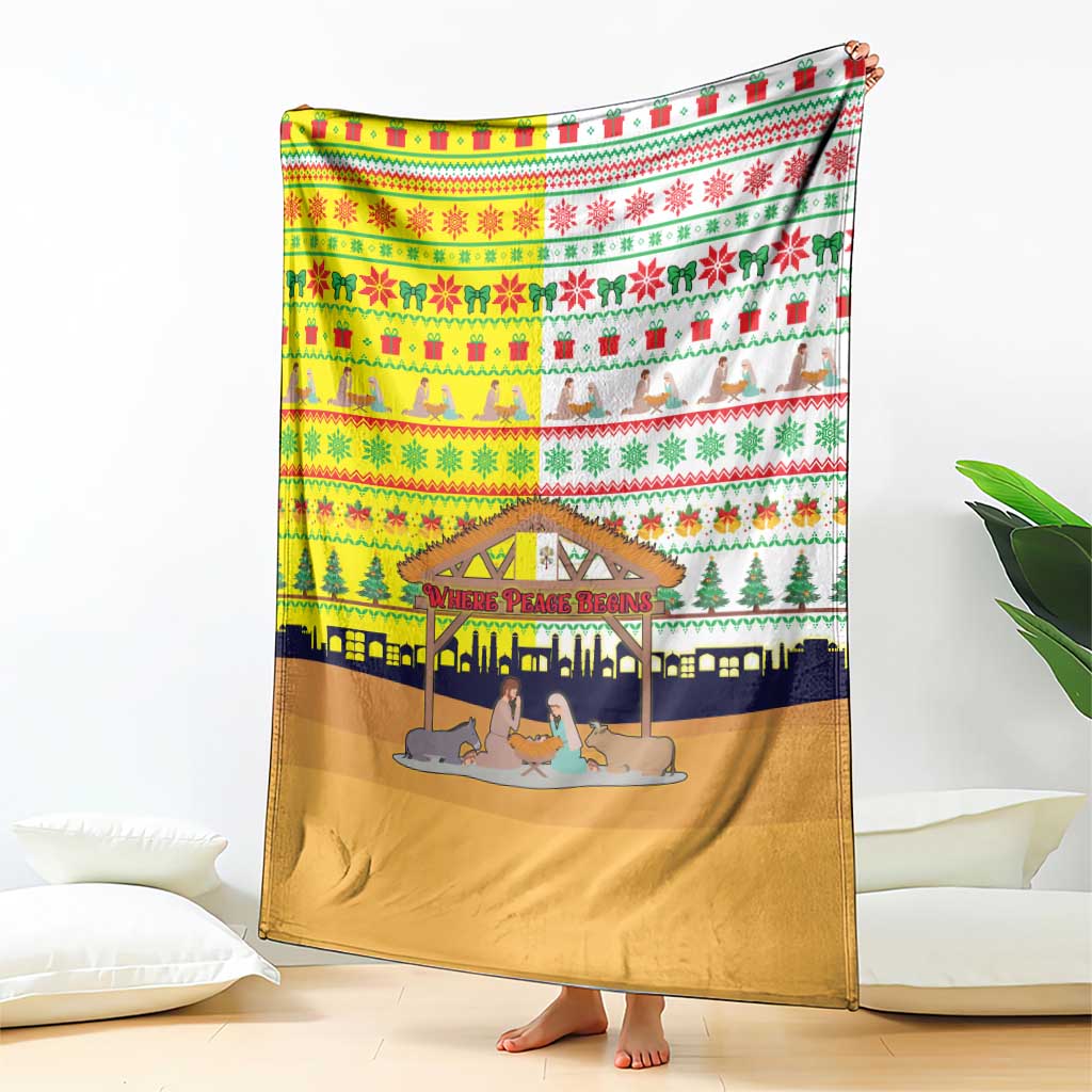 Vatican Christmas Blanket with Bethlehem Silhouette Yellow Red Green Pattern and Baby Jesus Manger - Wonder Print Shop