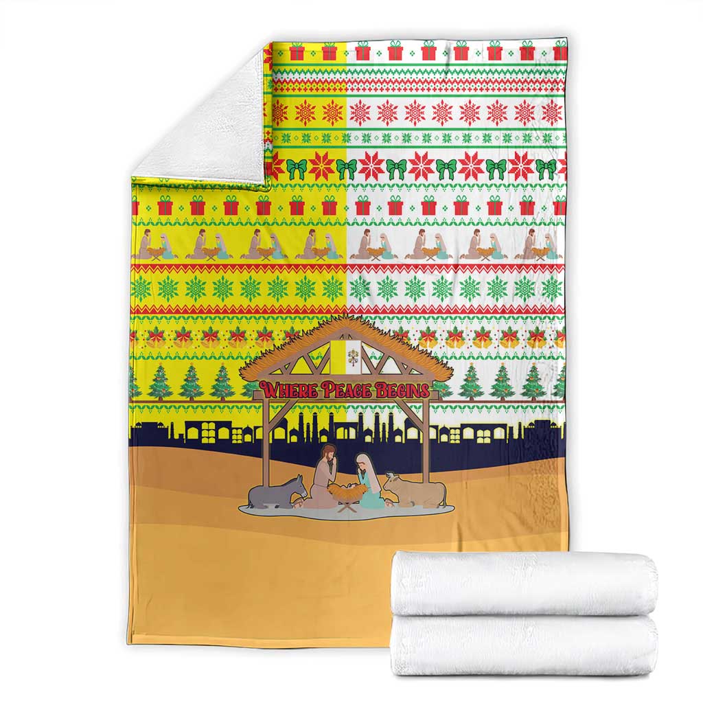 Vatican Christmas Blanket with Bethlehem Silhouette Yellow Red Green Pattern and Baby Jesus Manger - Wonder Print Shop