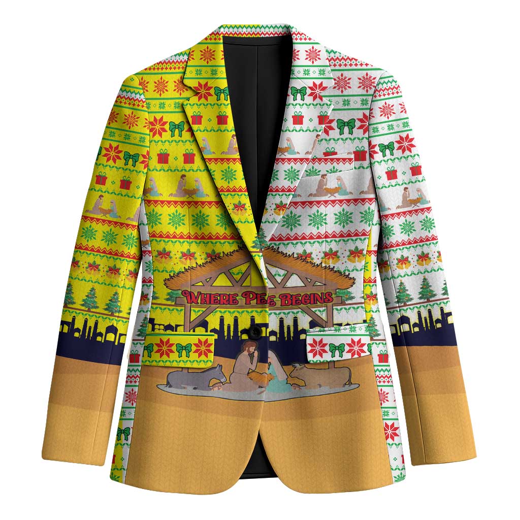 Vatican Christmas Blazer with Bethlehem Silhouette Yellow Red Green Pattern and Baby Jesus Manger - Wonder Print Shop