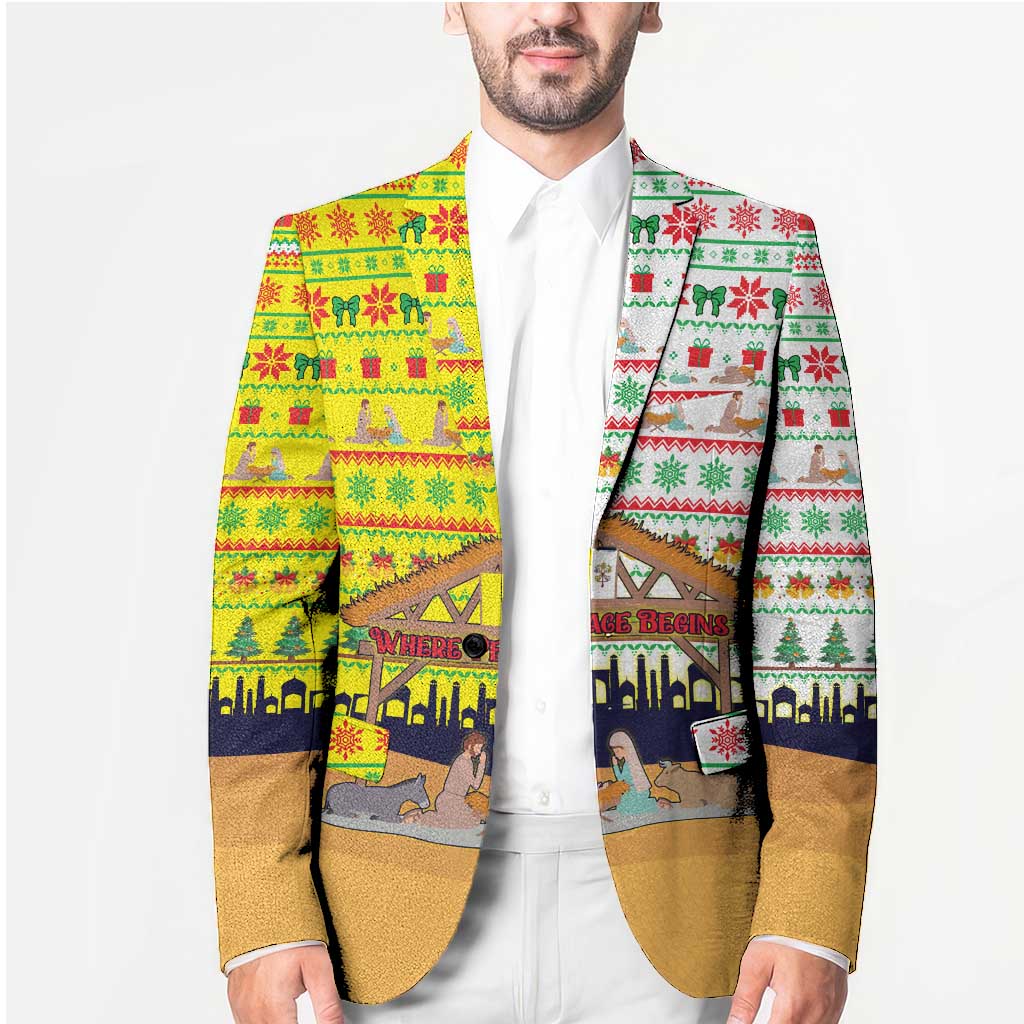 Vatican Christmas Blazer with Bethlehem Silhouette Yellow Red Green Pattern and Baby Jesus Manger - Wonder Print Shop