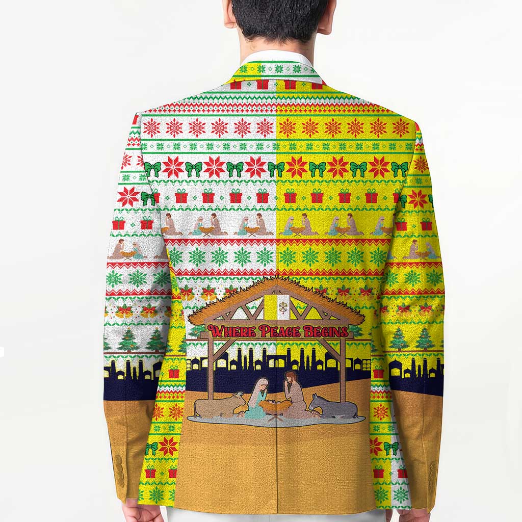 Vatican Christmas Blazer with Bethlehem Silhouette Yellow Red Green Pattern and Baby Jesus Manger - Wonder Print Shop