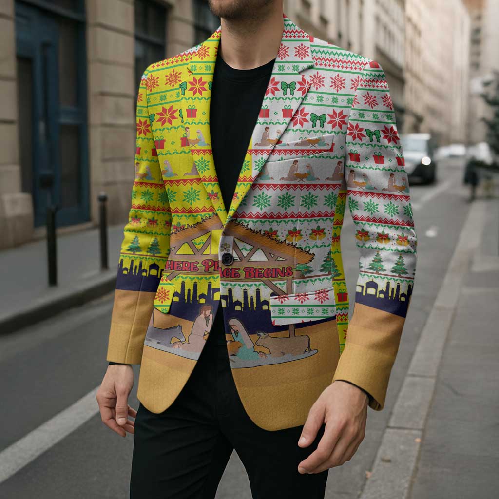 Vatican Christmas Blazer with Bethlehem Silhouette Yellow Red Green Pattern and Baby Jesus Manger - Wonder Print Shop
