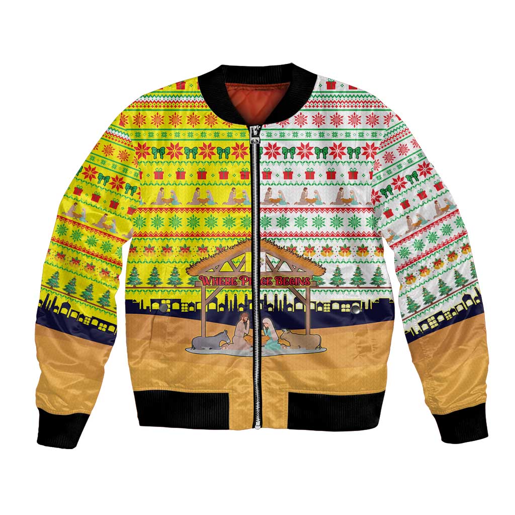 Vatican Christmas Bomber Jacket with Bethlehem Silhouette Yellow Red Green Pattern and Baby Jesus Manger - Wonder Print Shop