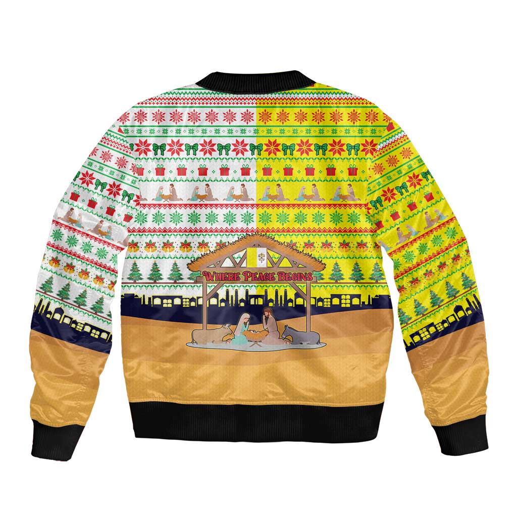 Vatican Christmas Bomber Jacket with Bethlehem Silhouette Yellow Red Green Pattern and Baby Jesus Manger - Wonder Print Shop