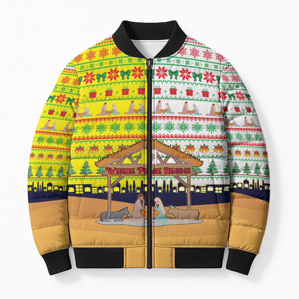 Vatican Christmas Bomber Puffer Jacket with Bethlehem Silhouette Yellow Red Green Pattern and Baby Jesus Manger - Wonder Print Shop