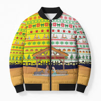 Vatican Christmas Bomber Puffer Jacket with Bethlehem Silhouette Yellow Red Green Pattern and Baby Jesus Manger - Wonder Print Shop