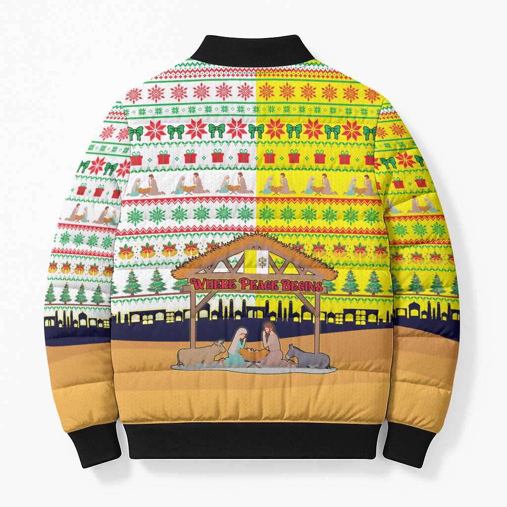 Vatican Christmas Bomber Puffer Jacket with Bethlehem Silhouette Yellow Red Green Pattern and Baby Jesus Manger - Wonder Print Shop