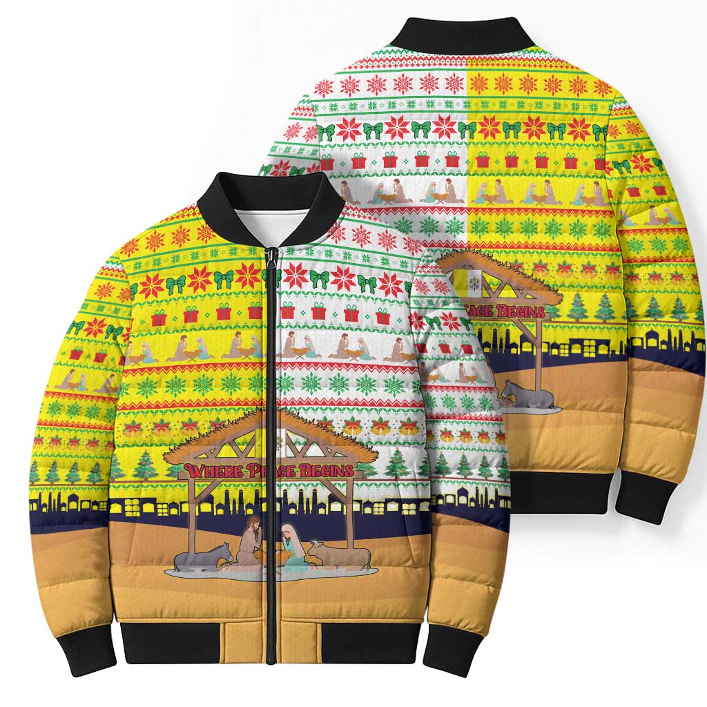 Vatican Christmas Bomber Puffer Jacket with Bethlehem Silhouette Yellow Red Green Pattern and Baby Jesus Manger - Wonder Print Shop