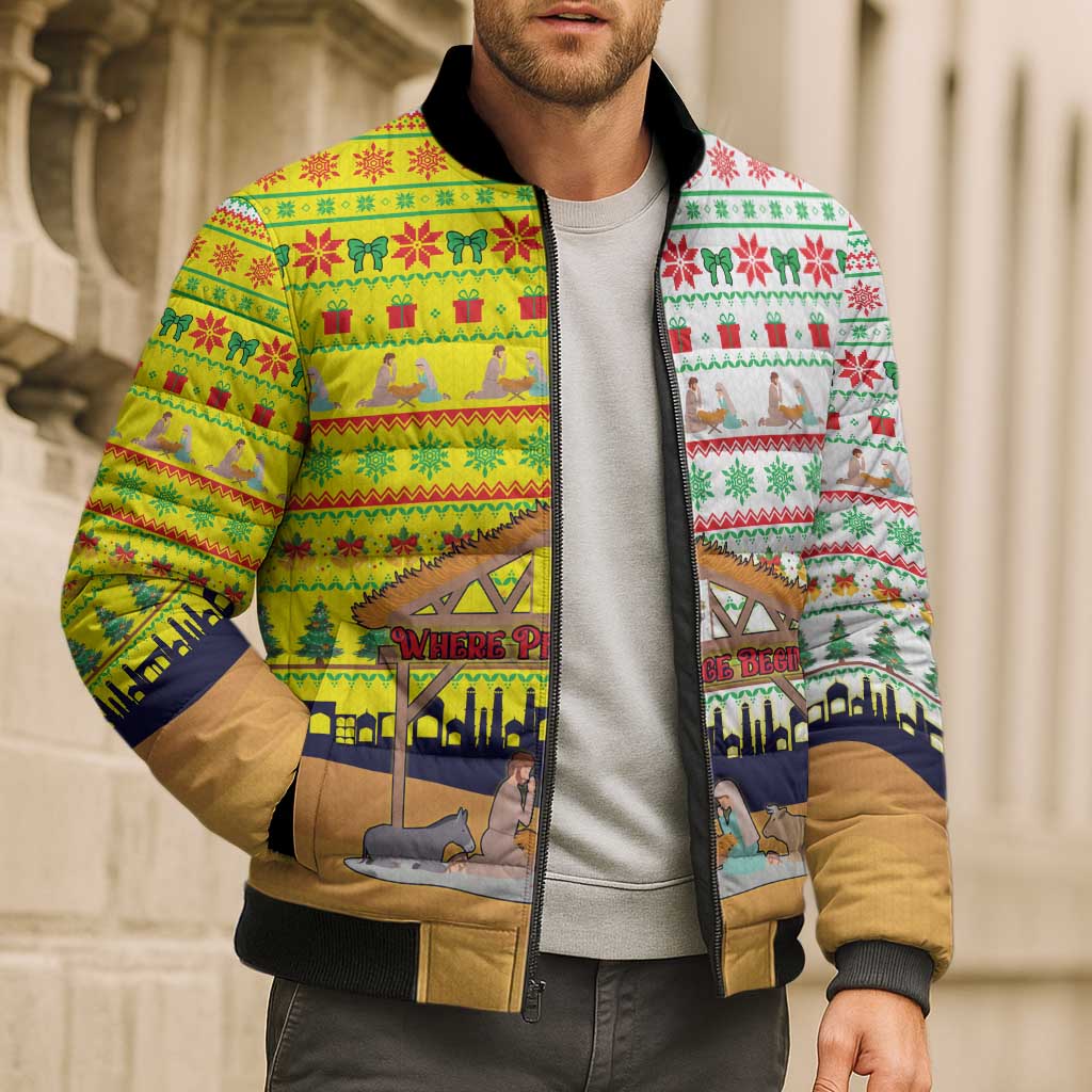 Vatican Christmas Bomber Puffer Jacket with Bethlehem Silhouette Yellow Red Green Pattern and Baby Jesus Manger - Wonder Print Shop