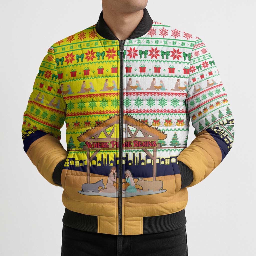 Vatican Christmas Bomber Puffer Jacket with Bethlehem Silhouette Yellow Red Green Pattern and Baby Jesus Manger - Wonder Print Shop
