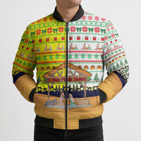 Vatican Christmas Bomber Puffer Jacket with Bethlehem Silhouette Yellow Red Green Pattern and Baby Jesus Manger - Wonder Print Shop