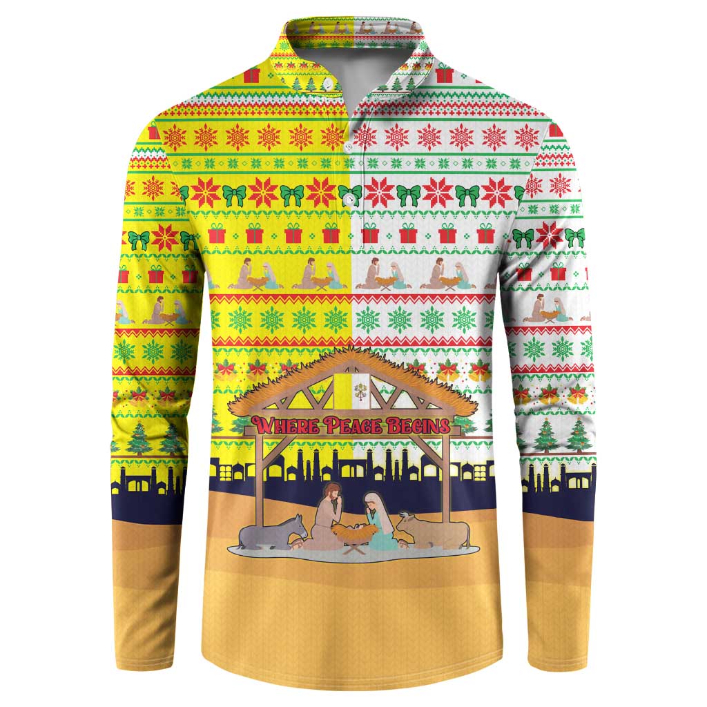 Vatican Christmas Button Sweatshirt with Bethlehem Silhouette Yellow Red Green Pattern and Baby Jesus Manger - Wonder Print Shop