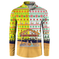 Vatican Christmas Button Sweatshirt with Bethlehem Silhouette Yellow Red Green Pattern and Baby Jesus Manger - Wonder Print Shop