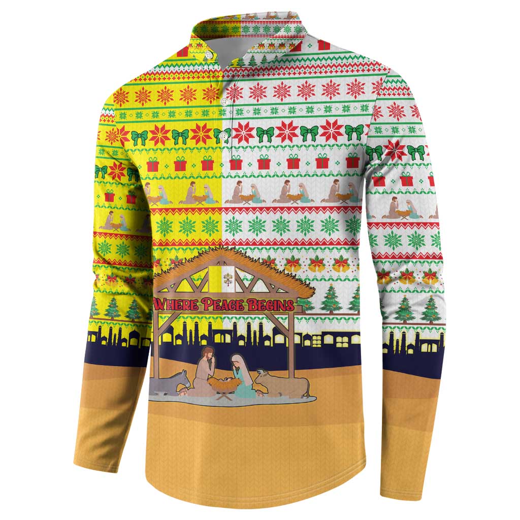 Vatican Christmas Button Sweatshirt with Bethlehem Silhouette Yellow Red Green Pattern and Baby Jesus Manger - Wonder Print Shop
