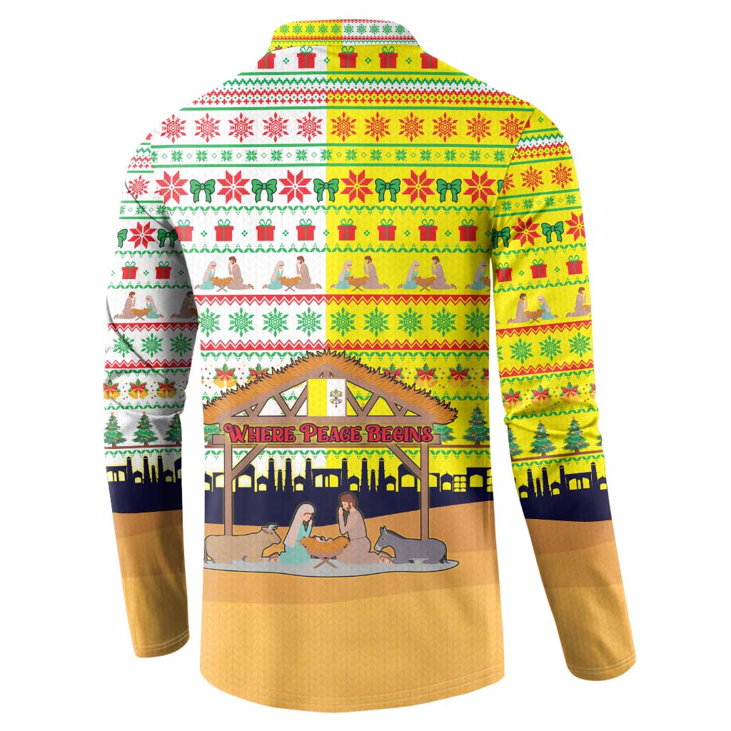 Vatican Christmas Button Sweatshirt with Bethlehem Silhouette Yellow Red Green Pattern and Baby Jesus Manger - Wonder Print Shop