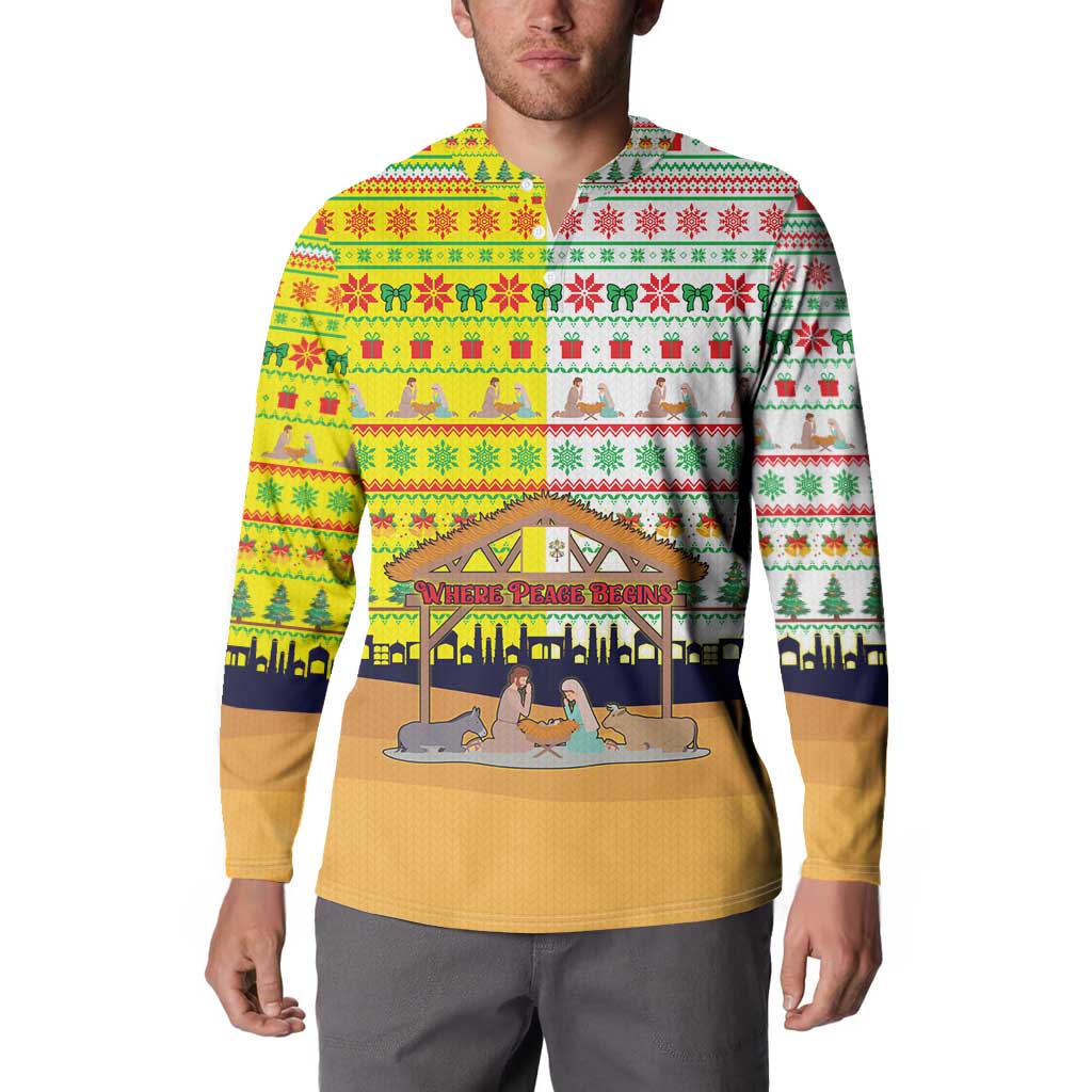 Vatican Christmas Button Sweatshirt with Bethlehem Silhouette Yellow Red Green Pattern and Baby Jesus Manger - Wonder Print Shop