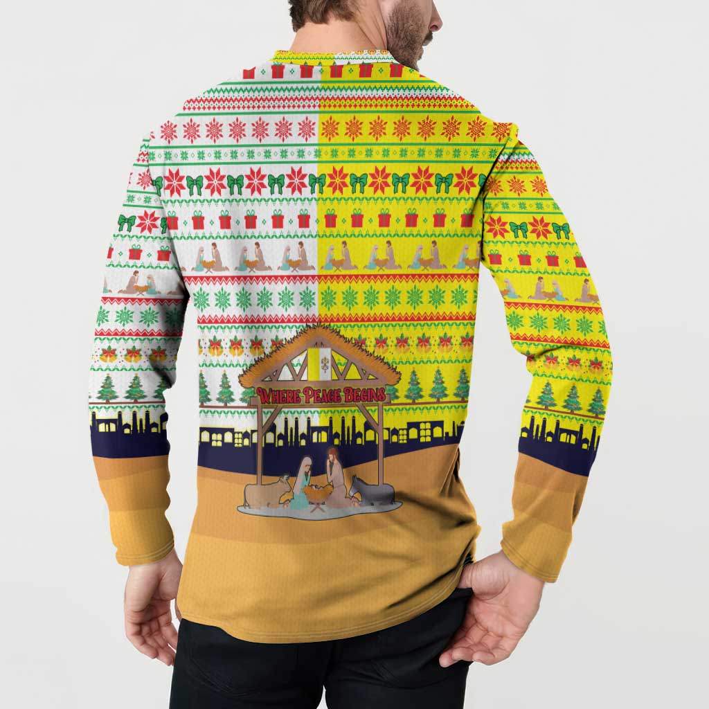 Vatican Christmas Button Sweatshirt with Bethlehem Silhouette Yellow Red Green Pattern and Baby Jesus Manger - Wonder Print Shop