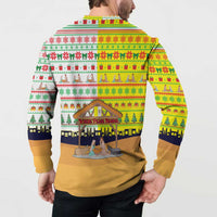 Vatican Christmas Button Sweatshirt with Bethlehem Silhouette Yellow Red Green Pattern and Baby Jesus Manger - Wonder Print Shop