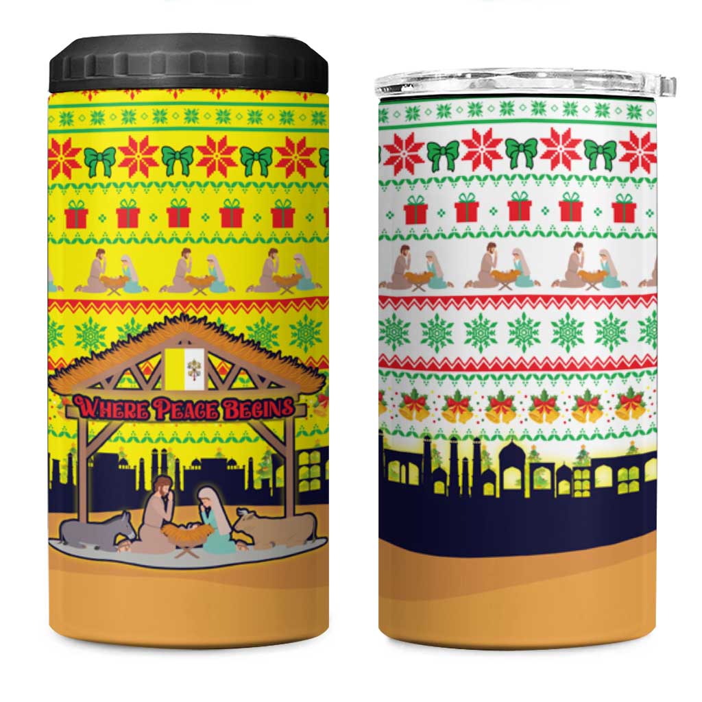 Vatican Christmas 4 in 1 Can Cooler Tumbler with Bethlehem Silhouette Yellow Red Green Pattern and Baby Jesus Manger - Wonder Print Shop