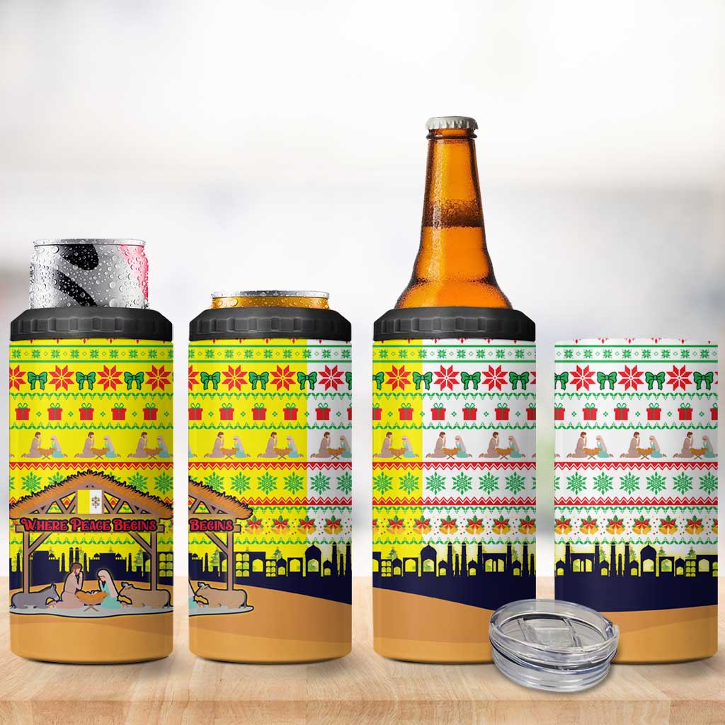 Vatican Christmas 4 in 1 Can Cooler Tumbler with Bethlehem Silhouette Yellow Red Green Pattern and Baby Jesus Manger - Wonder Print Shop