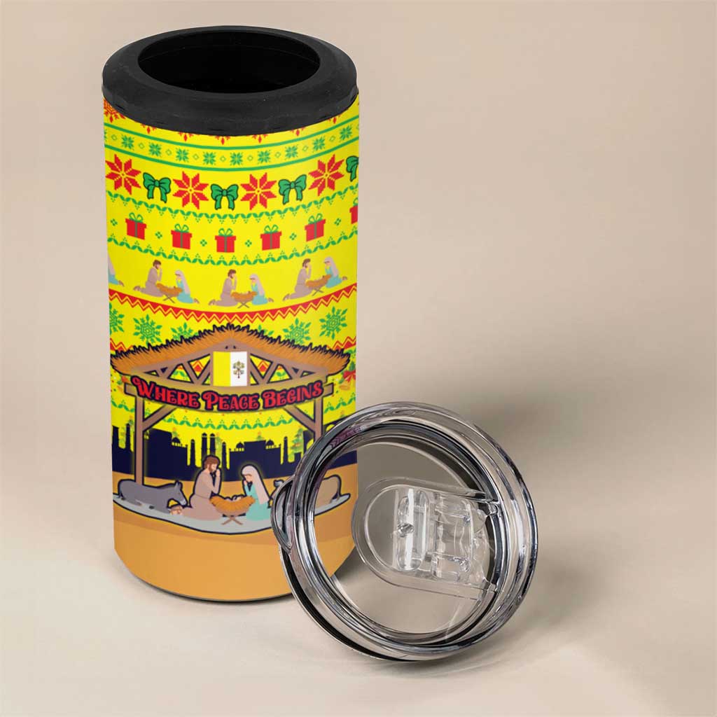 Vatican Christmas 4 in 1 Can Cooler Tumbler with Bethlehem Silhouette Yellow Red Green Pattern and Baby Jesus Manger - Wonder Print Shop