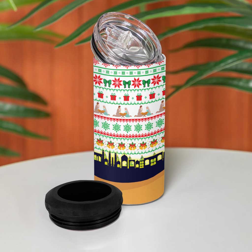 Vatican Christmas 4 in 1 Can Cooler Tumbler with Bethlehem Silhouette Yellow Red Green Pattern and Baby Jesus Manger - Wonder Print Shop