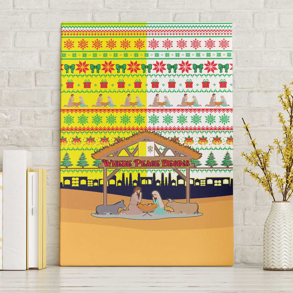 Vatican Christmas Canvas Wall Art with Bethlehem Silhouette Yellow Red Green Pattern and Baby Jesus Manger - Wonder Print Shop