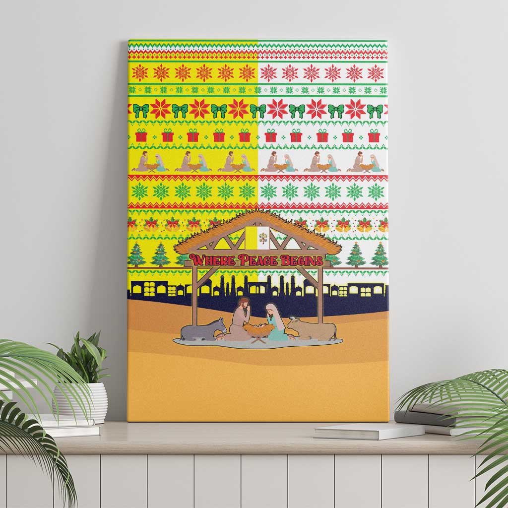 Vatican Christmas Canvas Wall Art with Bethlehem Silhouette Yellow Red Green Pattern and Baby Jesus Manger - Wonder Print Shop