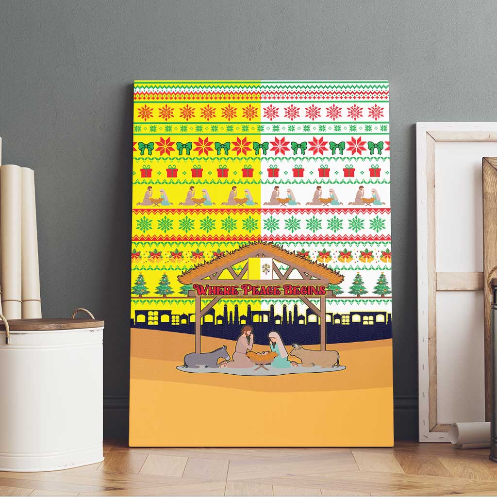 Vatican Christmas Canvas Wall Art with Bethlehem Silhouette Yellow Red Green Pattern and Baby Jesus Manger - Wonder Print Shop