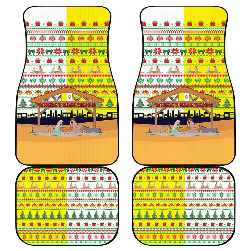 Vatican Christmas Car Mats with Bethlehem Silhouette Yellow Red Green Pattern and Baby Jesus Manger - Wonder Print Shop