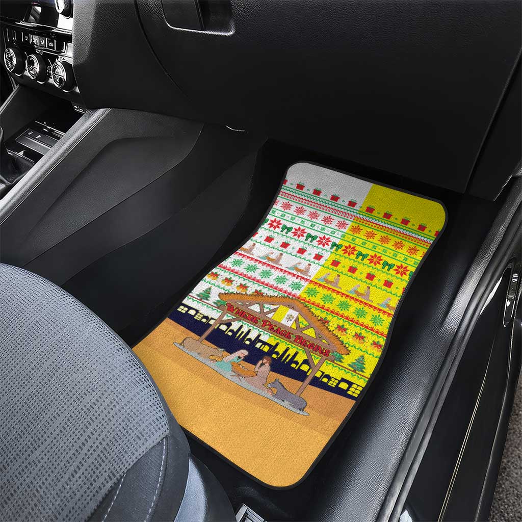 Vatican Christmas Car Mats with Bethlehem Silhouette Yellow Red Green Pattern and Baby Jesus Manger - Wonder Print Shop