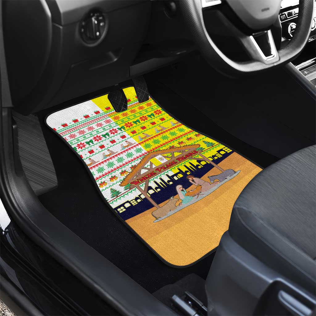 Vatican Christmas Car Mats with Bethlehem Silhouette Yellow Red Green Pattern and Baby Jesus Manger - Wonder Print Shop