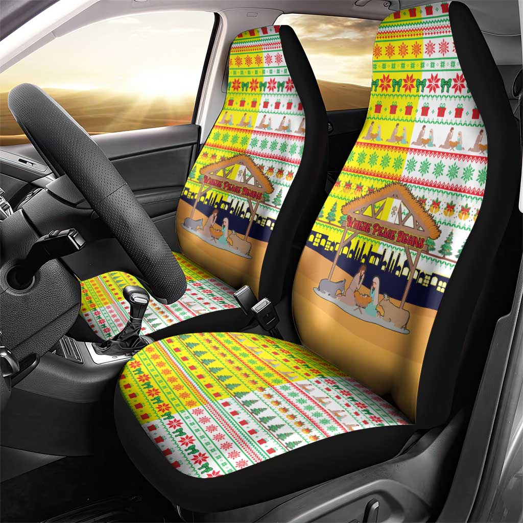 Vatican Christmas Car Seat Cover with Bethlehem Silhouette Yellow Red Green Pattern and Baby Jesus Manger - Wonder Print Shop