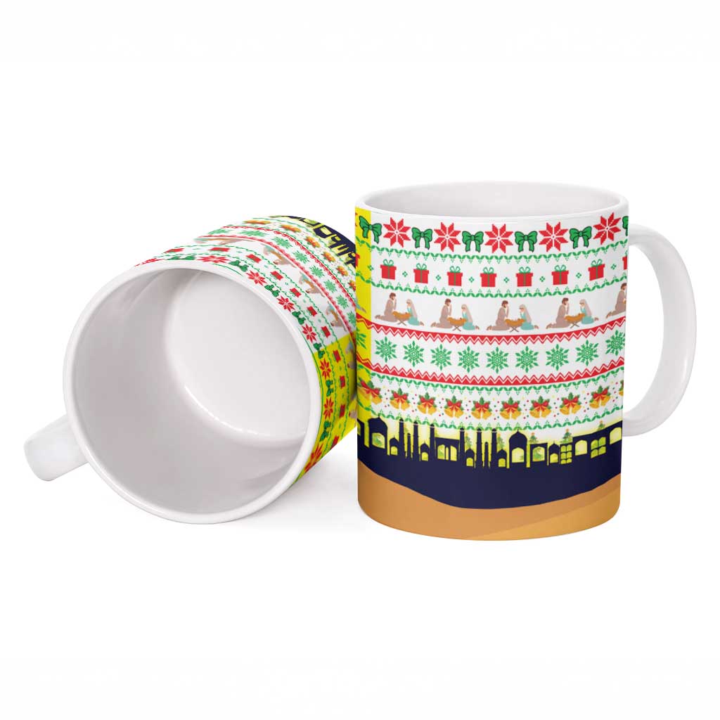 Vatican Christmas Ceramic Mug with Bethlehem Silhouette Yellow Red Green Pattern and Baby Jesus Manger - Wonder Print Shop
