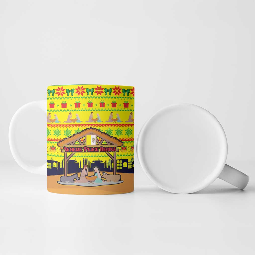 Vatican Christmas Ceramic Mug with Bethlehem Silhouette Yellow Red Green Pattern and Baby Jesus Manger - Wonder Print Shop