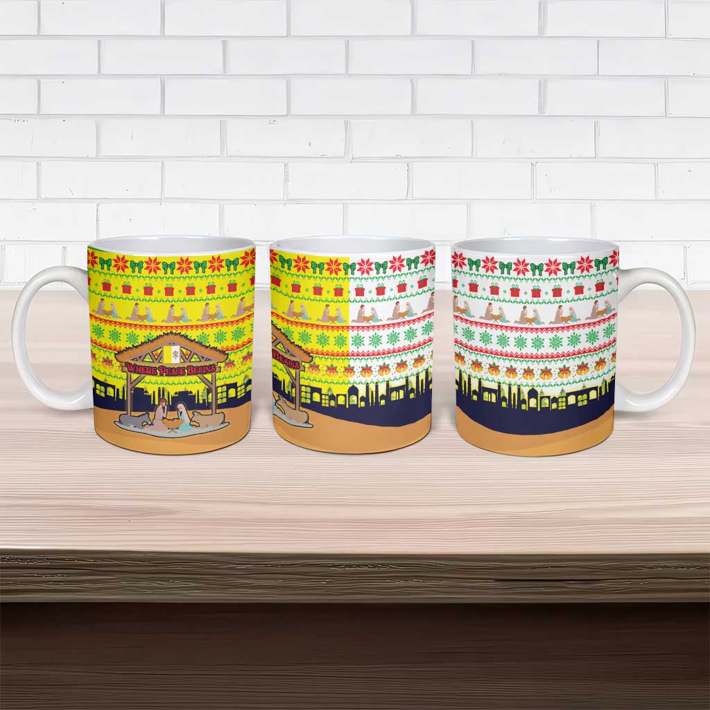 Vatican Christmas Ceramic Mug with Bethlehem Silhouette Yellow Red Green Pattern and Baby Jesus Manger - Wonder Print Shop