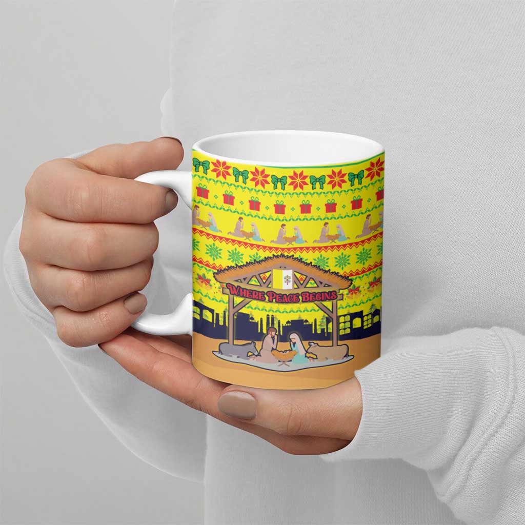 Vatican Christmas Ceramic Mug with Bethlehem Silhouette Yellow Red Green Pattern and Baby Jesus Manger - Wonder Print Shop